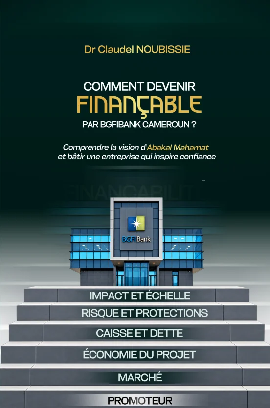 Première de couverture de « Comment devenir finançable par BGFIBank Cameroun ? », Dr Claudel NOUBISSIE. Une banque au sommet de marches portant les critères du projet.