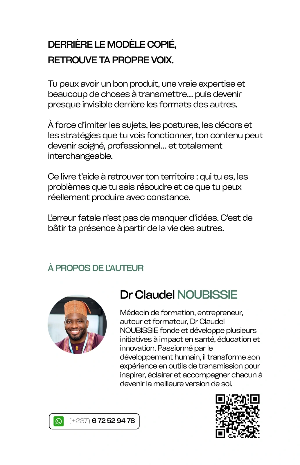 Quatrième de couverture de « Créer du contenu sans perdre sa voix », Dr Claudel NOUBISSIE. Présentation de l’ouvrage et de son auteur.