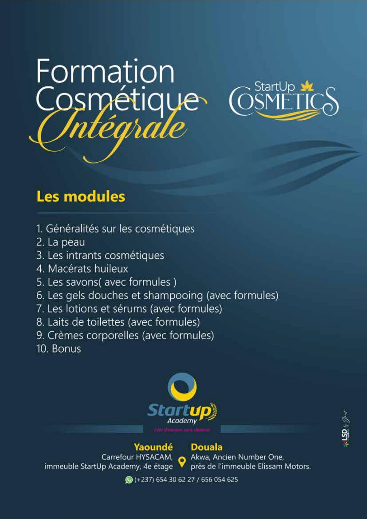 Quatrième de couverture de « Formation cosmétique intégrale », Dr Claudel NOUBISSIE. Présentation de l’ouvrage et liste des modules.