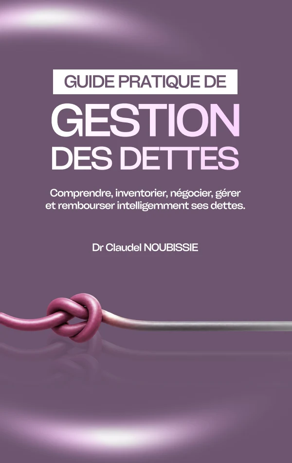 Première de couverture de « Guide pratique de gestion des dettes », Dr Claudel NOUBISSIE. Une corde nouée sur fond mauve.