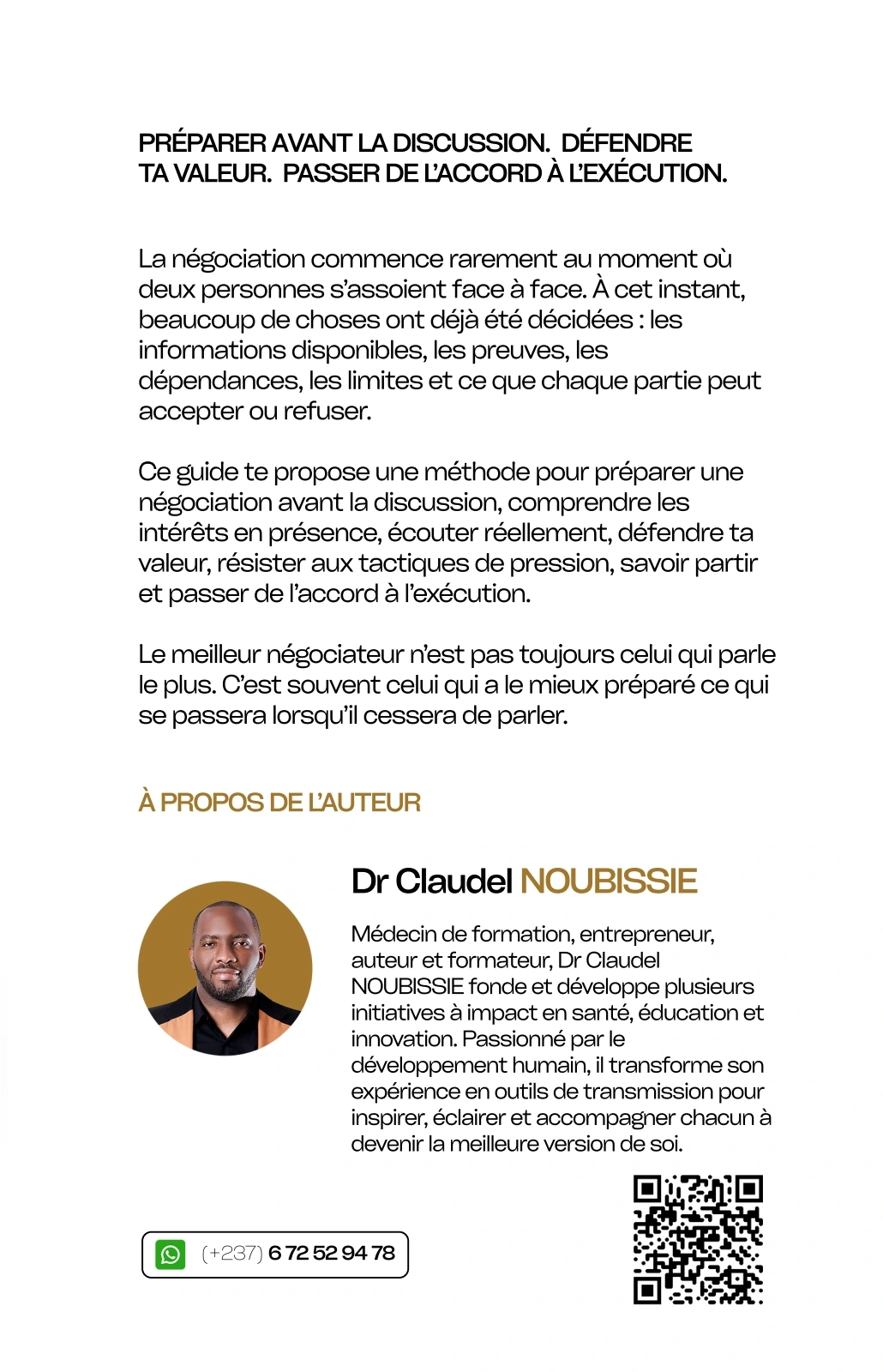 Quatrième de couverture de « Guide pratique de négociation », Dr Claudel NOUBISSIE. Présentation de l’ouvrage et de son auteur.