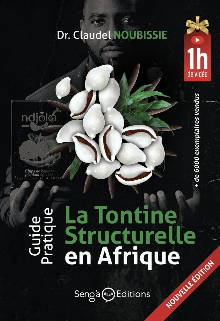 Première de couverture de « Guide pratique La tontine structurelle en Afrique », Dr Claudel NOUBISSIE. Une fleur blanche et des feuilles sur fond noir.