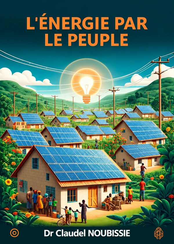 Première de couverture de « L’énergie par le peuple », Dr Claudel NOUBISSIE. Un village équipé de panneaux solaires, avec une ampoule au centre.