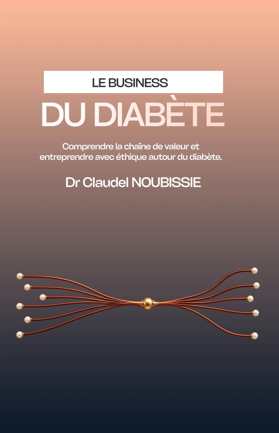 Première de couverture de « Le business du diabète », Dr Claudel NOUBISSIE. Des lignes reliées à des points sur fond dégradé saumon et sombre.