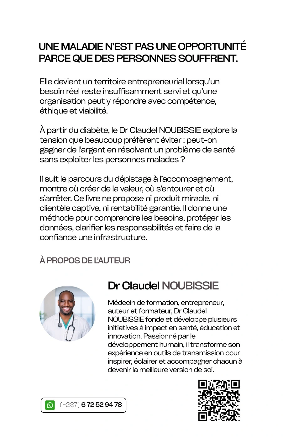 Quatrième de couverture de « Le business du diabète », Dr Claudel NOUBISSIE. Présentation de l’ouvrage et de son auteur.