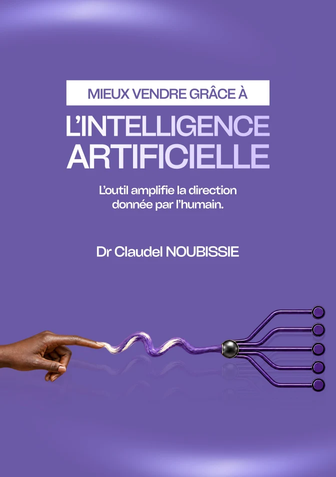 Première de couverture de « Mieux vendre grâce à l’intelligence artificielle », Dr Claudel NOUBISSIE. Une main humaine face à une main formée de circuits, sur fond violet.