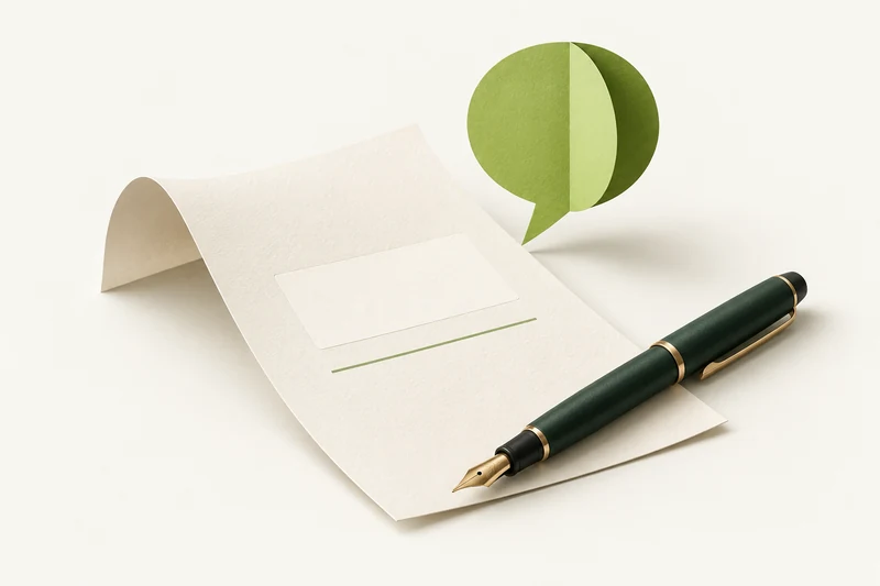 Illustration conceptuelle : une feuille, un stylo et une bulle de parole verte pour représenter le copywriting